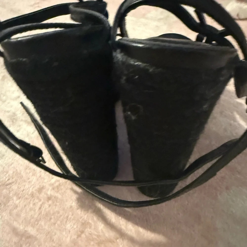 Saint Laurent Black Strappy Wedge Sandals YSL logo - Picture 6 of 10